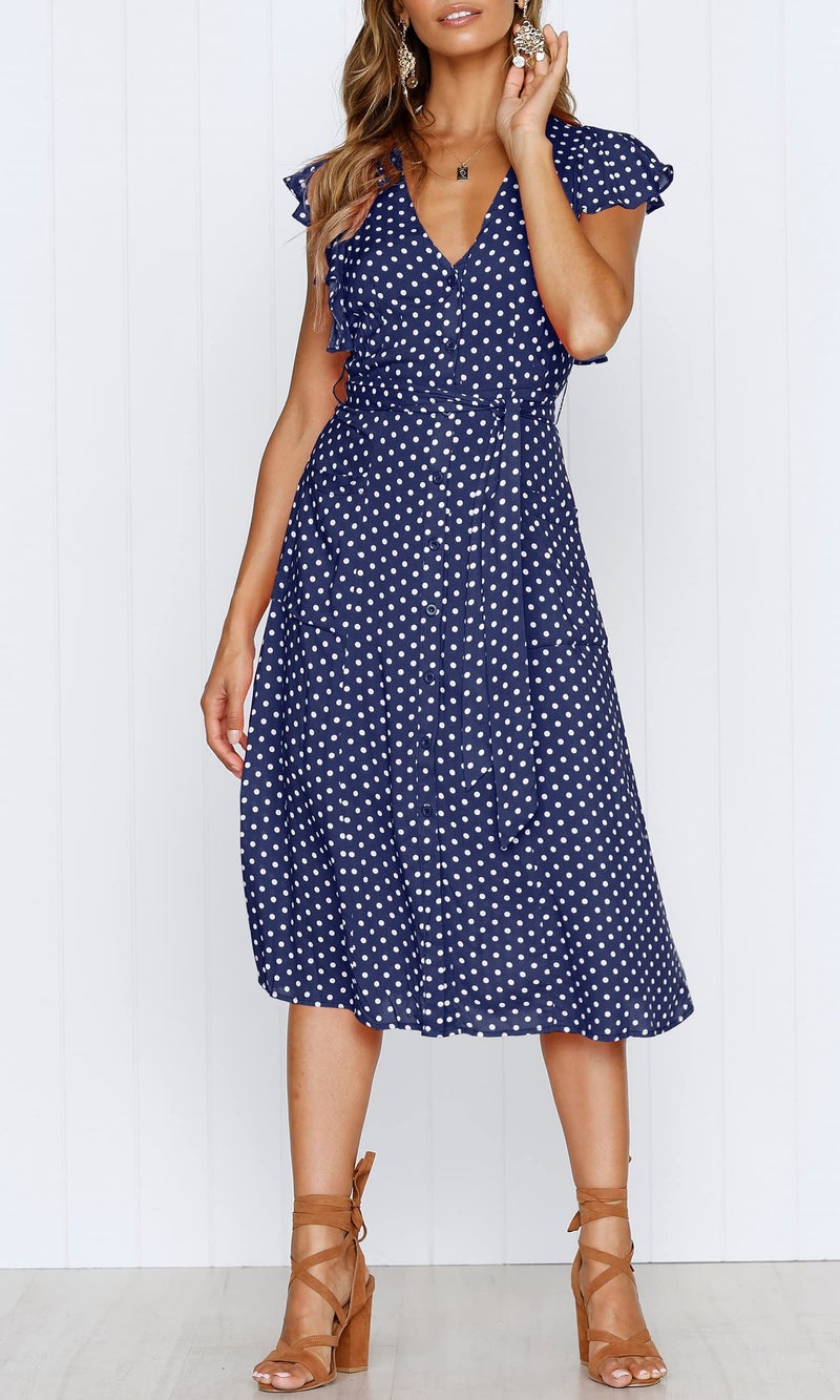 MITILLY Women's Boho Polka Dot Flutter Short Sleeve V Neck Button Down Swing Midi Dress with Pockets Medium Dark Blue - Image 3